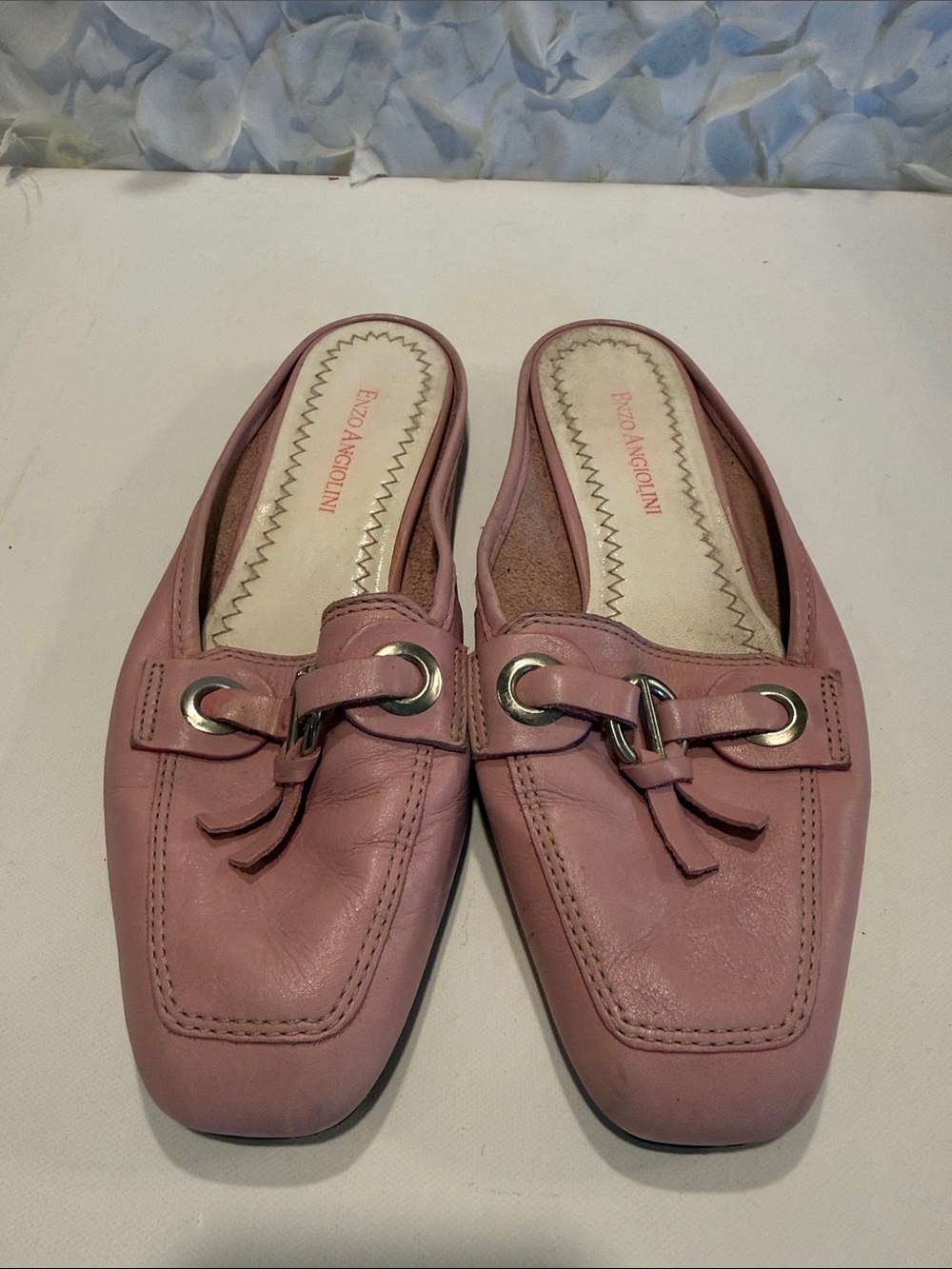 Enzo Angiolini Dusty Pink Leather Slip-On Mules with Metal Ring Detail